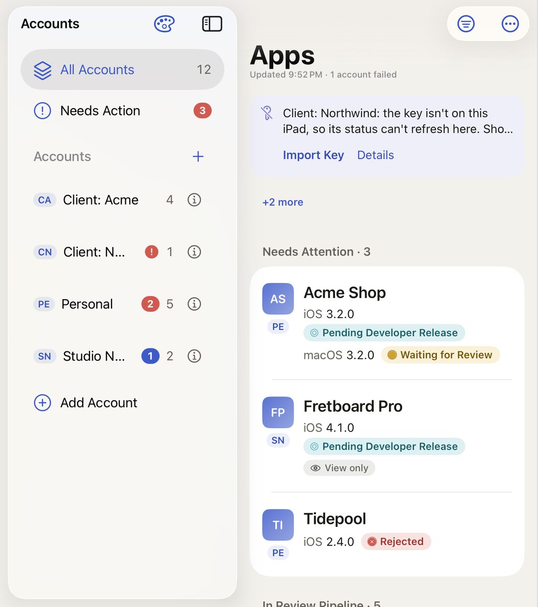 Shipcue on iPad: an Accounts sidebar with Client: Acme, Client: Northwind, Personal and Studio Nine, next to the Apps feed showing Acme Shop and Fretboard Pro pending developer release and Tidepool rejected.
